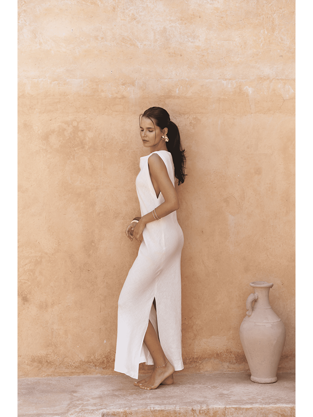 Barabla Kolsuz Uzun Beyaz Keten Elbise-1