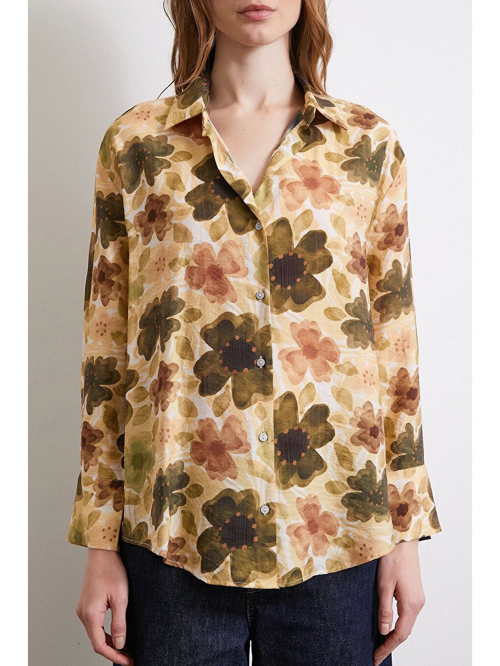 Çiçekli Vual Gömlek Haki-3