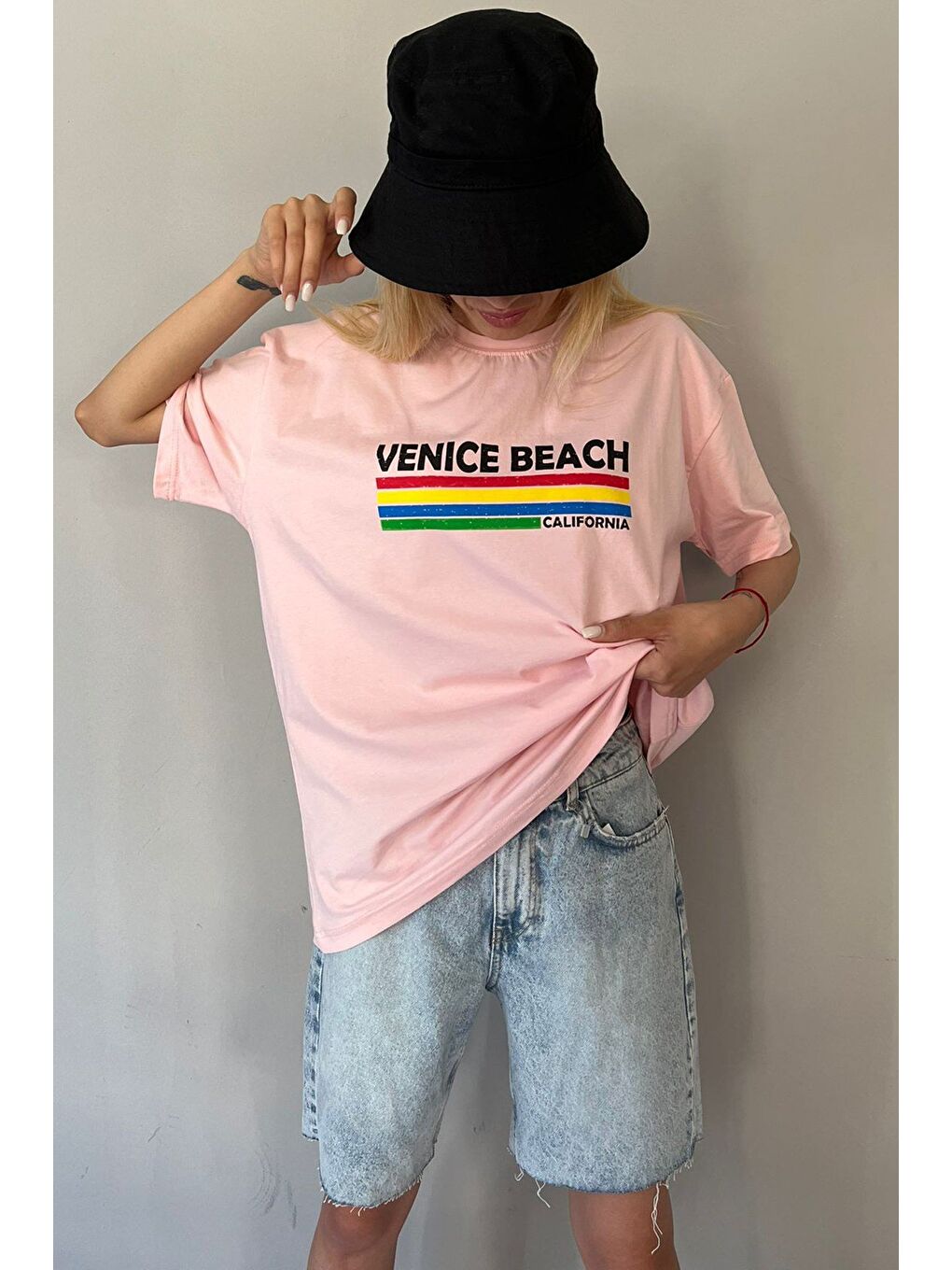 Pembe Pudra Baskılı Over Fit Tişört Mg1516-5