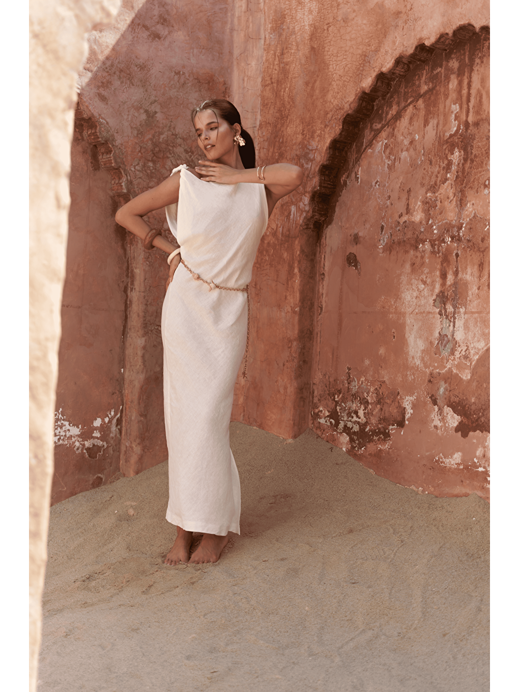 Barabla Kolsuz Uzun Beyaz Keten Elbise-2