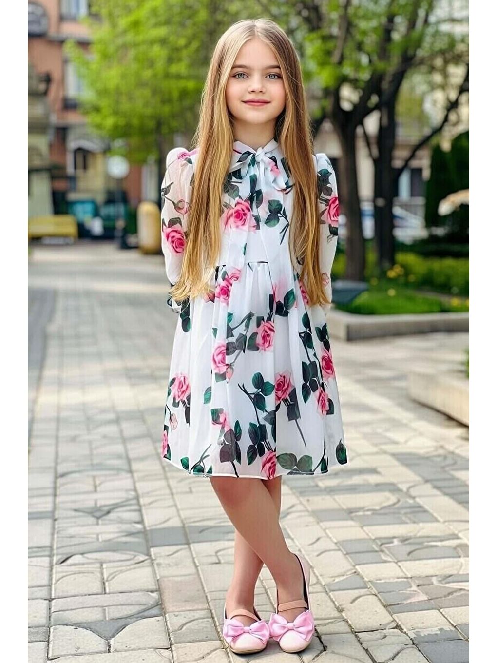 Kız Çocuk Üzeri Çiçek Baskılı ve Yakadan Bağlamalı Eteği Pliseli Beyaz Elbise-2