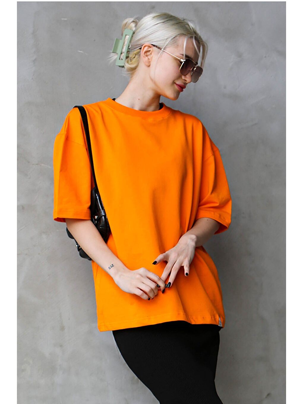 Turuncu Bisiklet Yaka Basic Oversize Tişört Mg1687-7