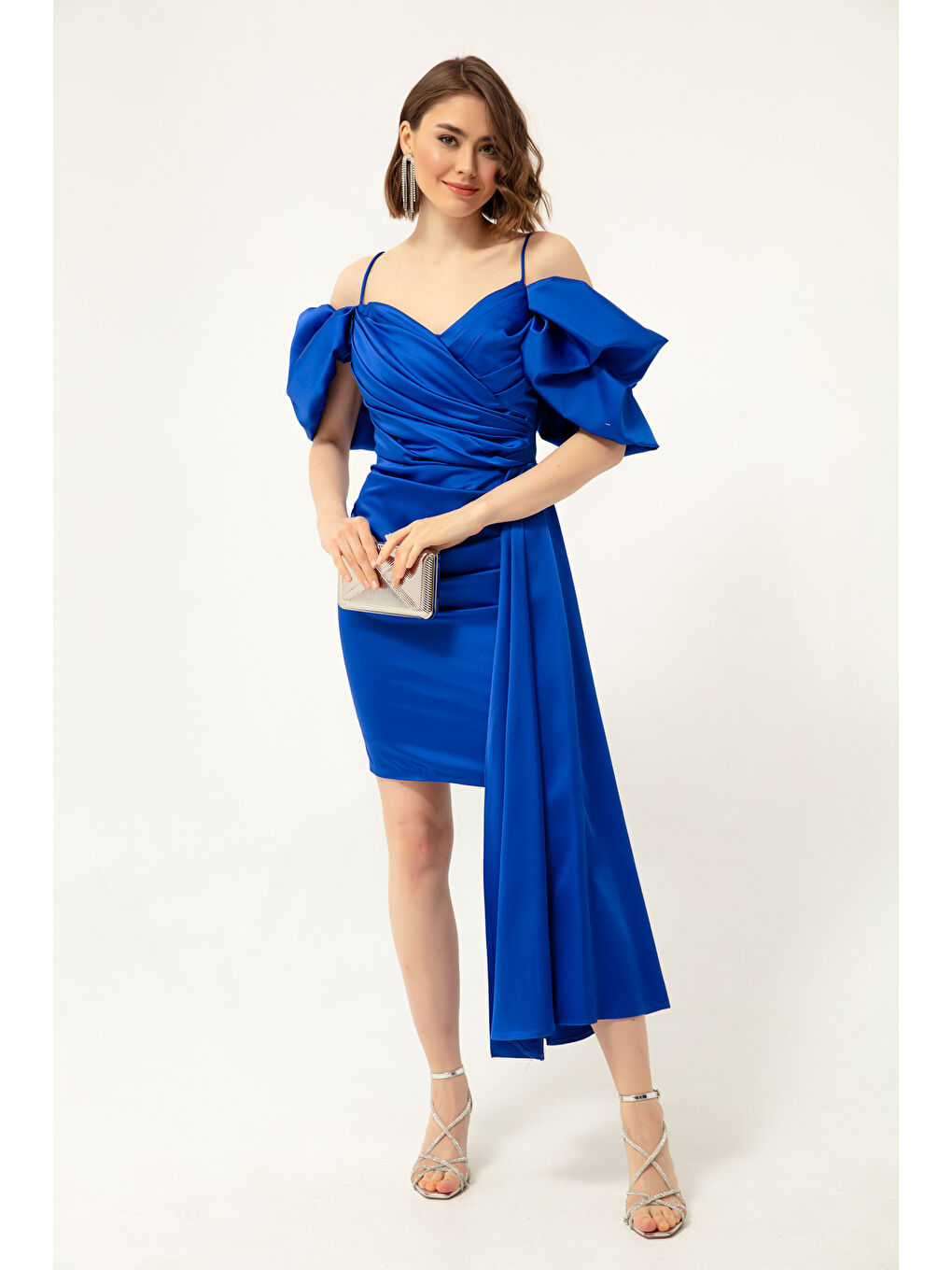 Mavi Kadın Saks İnce Askılı Kuyruklu Abiye Elbise-1