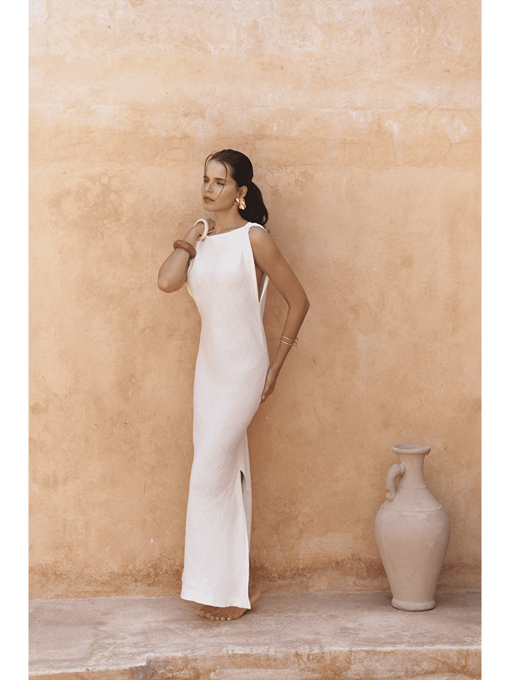 Barabla Kolsuz Uzun Beyaz Keten Elbise-3