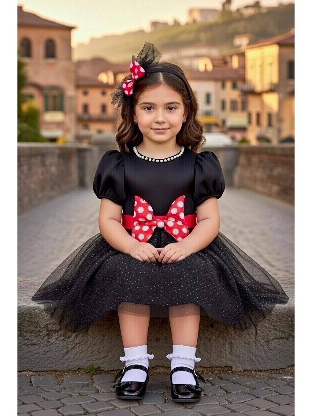 Kız Çocuk Bisiklet Yaka ve İnci İşlemeli Eteği Astarlı ve Simli Siyah Abiye-2