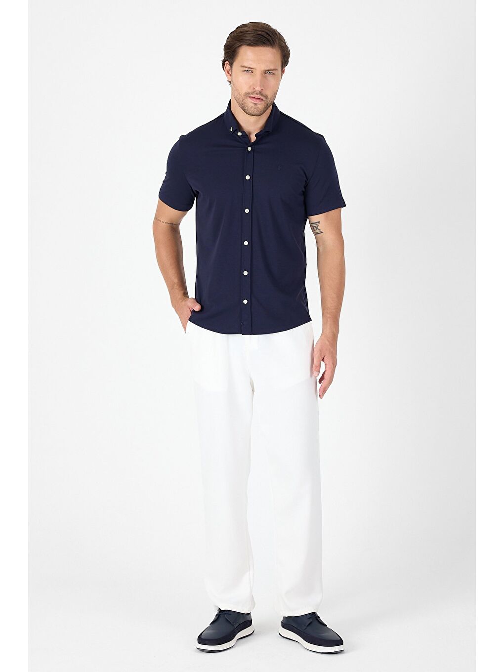 Koyu Lacivert Kısa Kol Düğmeli Yaka Cepsiz Performans Ürün Slim Fit Büyük Beden Gömlek 1004250256-1