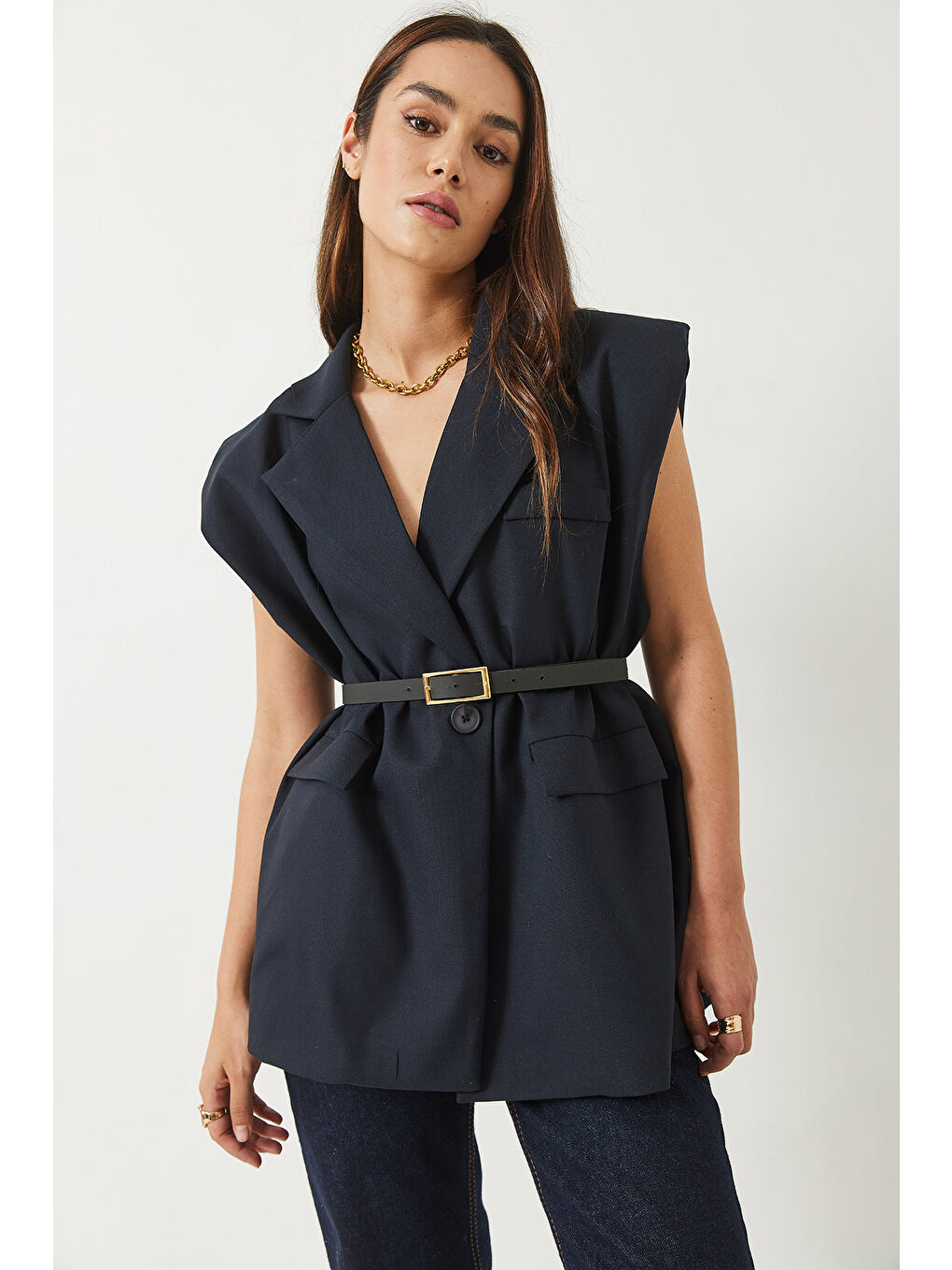 Lacivert Kadın Cep Detaylı Kemerli Vatkalı Oversize Astarlı Blazer Yelek-1