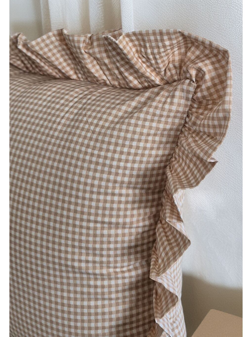 Melma Potikareli Fırfırlı %100 Pamuk  Kırlent Kılıfı - Kahverengi 45x45 cm-2