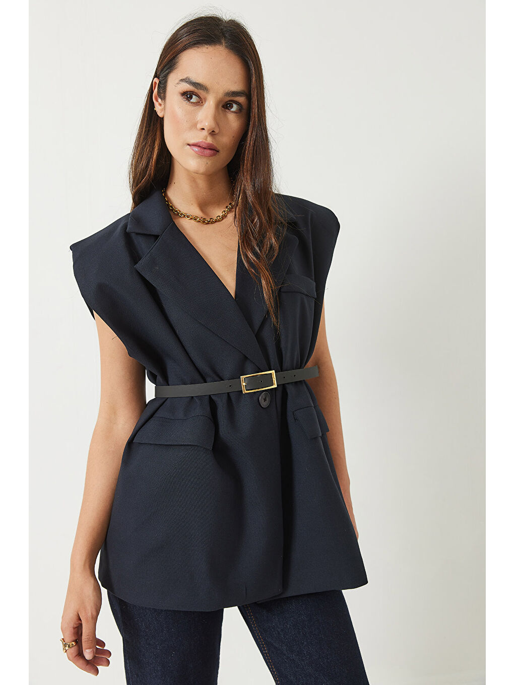 Lacivert Kadın Cep Detaylı Kemerli Vatkalı Oversize Astarlı Blazer Yelek-2