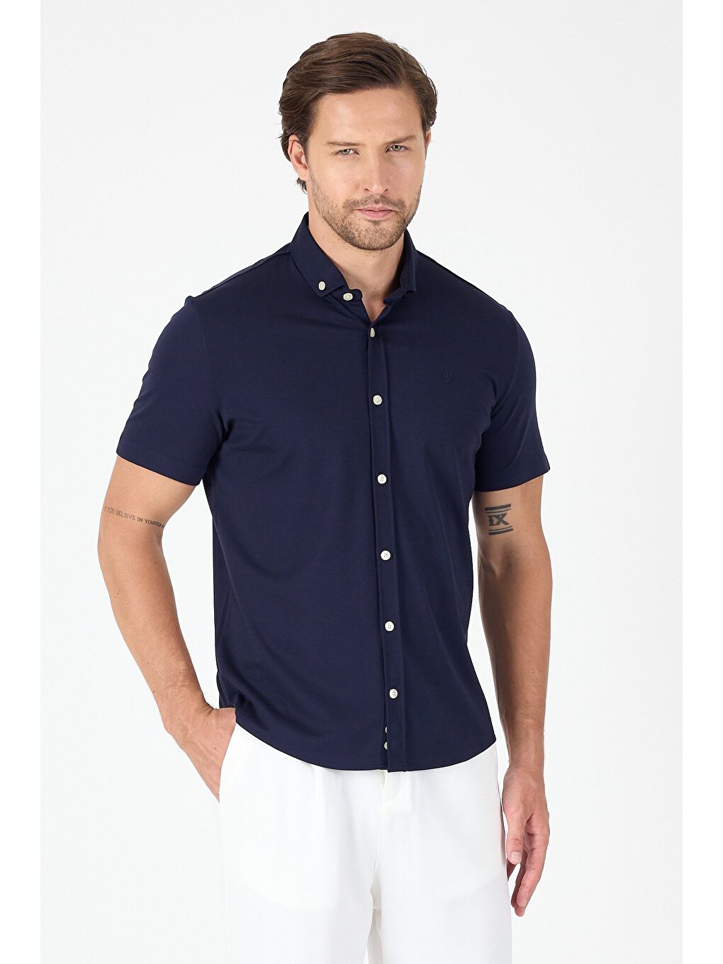 Koyu Lacivert Kısa Kol Düğmeli Yaka Cepsiz Performans Ürün Slim Fit Büyük Beden Gömlek 1004250256-2