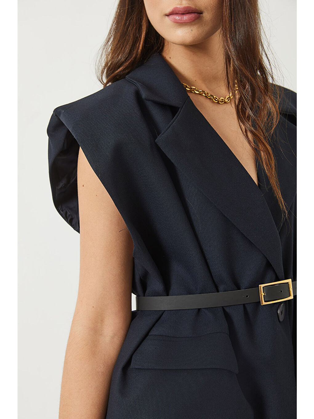 Lacivert Kadın Cep Detaylı Kemerli Vatkalı Oversize Astarlı Blazer Yelek-3