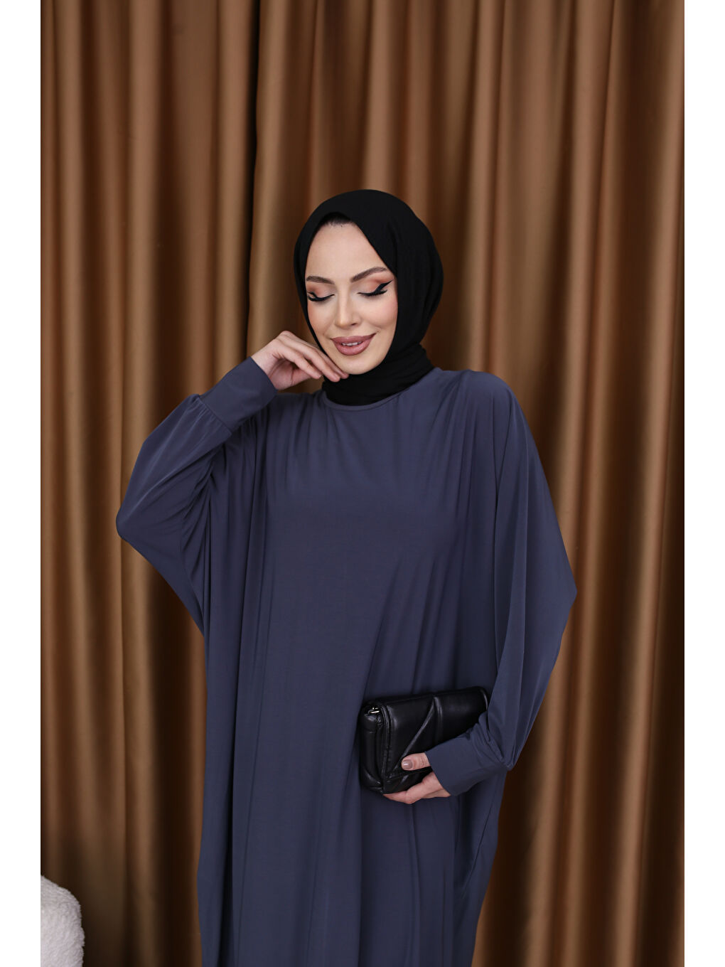 Gri Kadın Trend Basic Uzun Kollu Füme Elbise-1