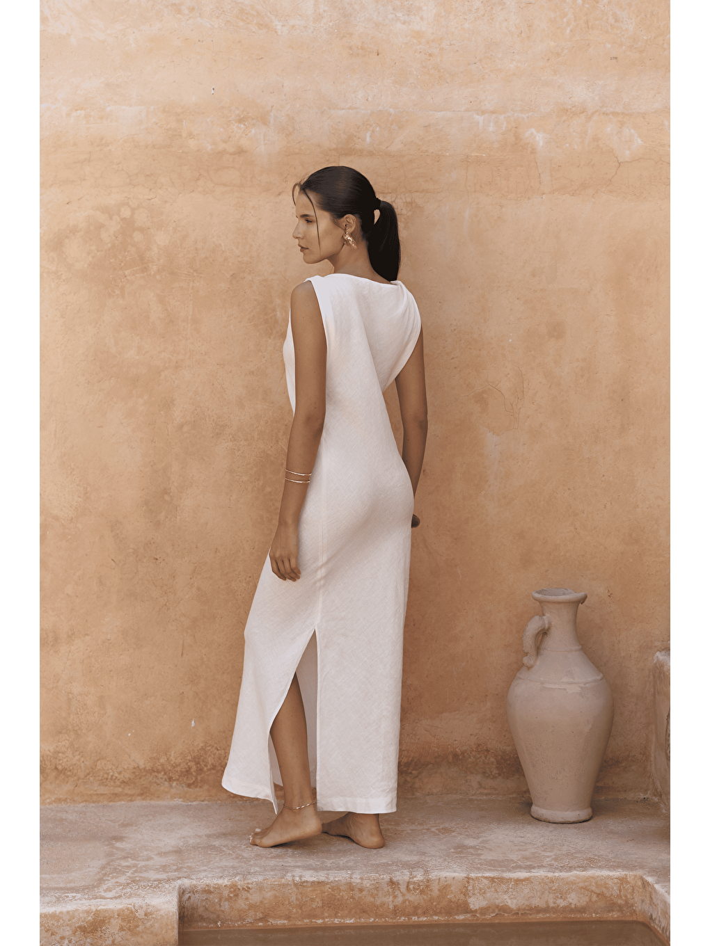 Barabla Kolsuz Uzun Beyaz Keten Elbise-4