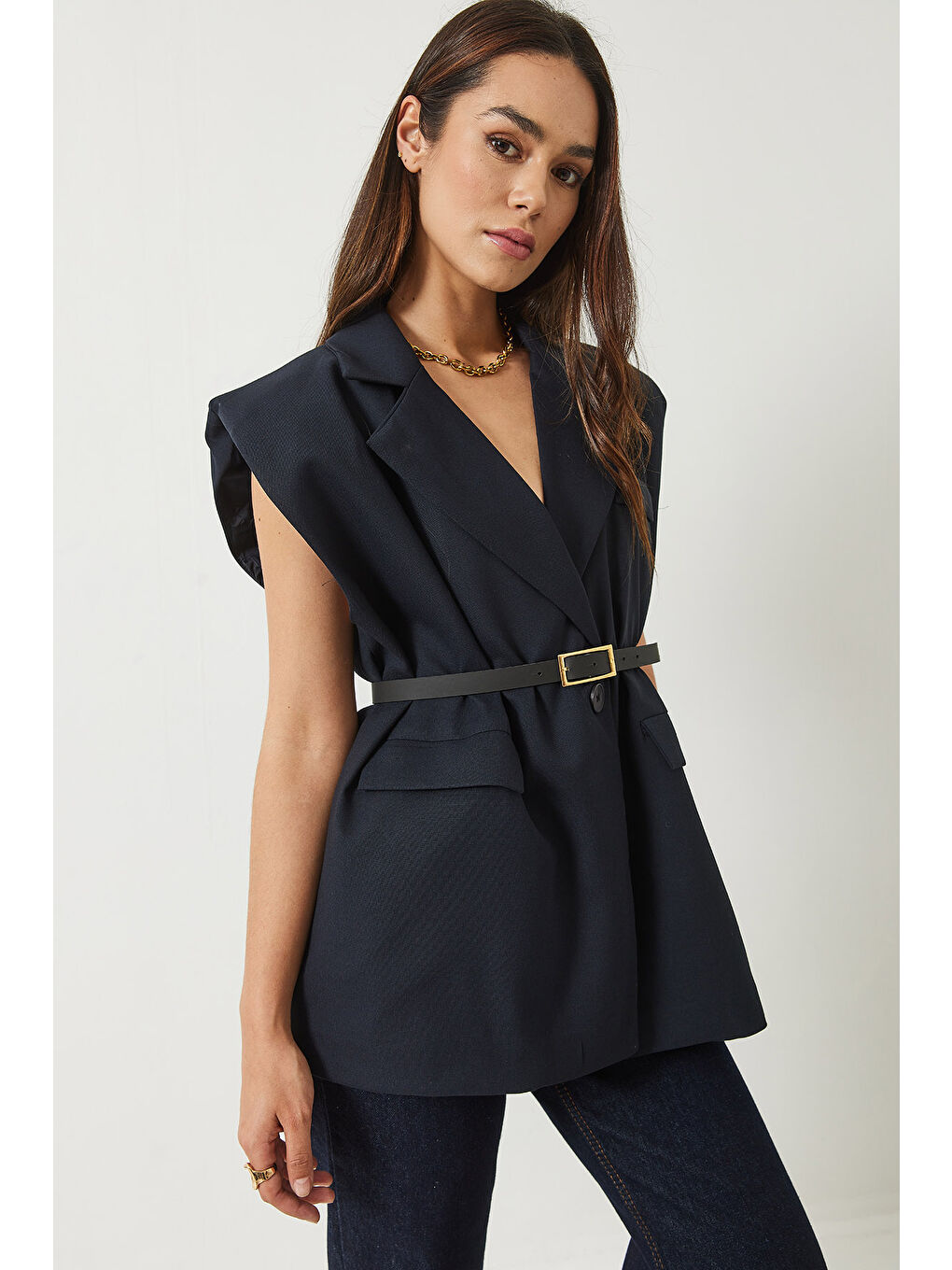 Lacivert Kadın Cep Detaylı Kemerli Vatkalı Oversize Astarlı Blazer Yelek-4