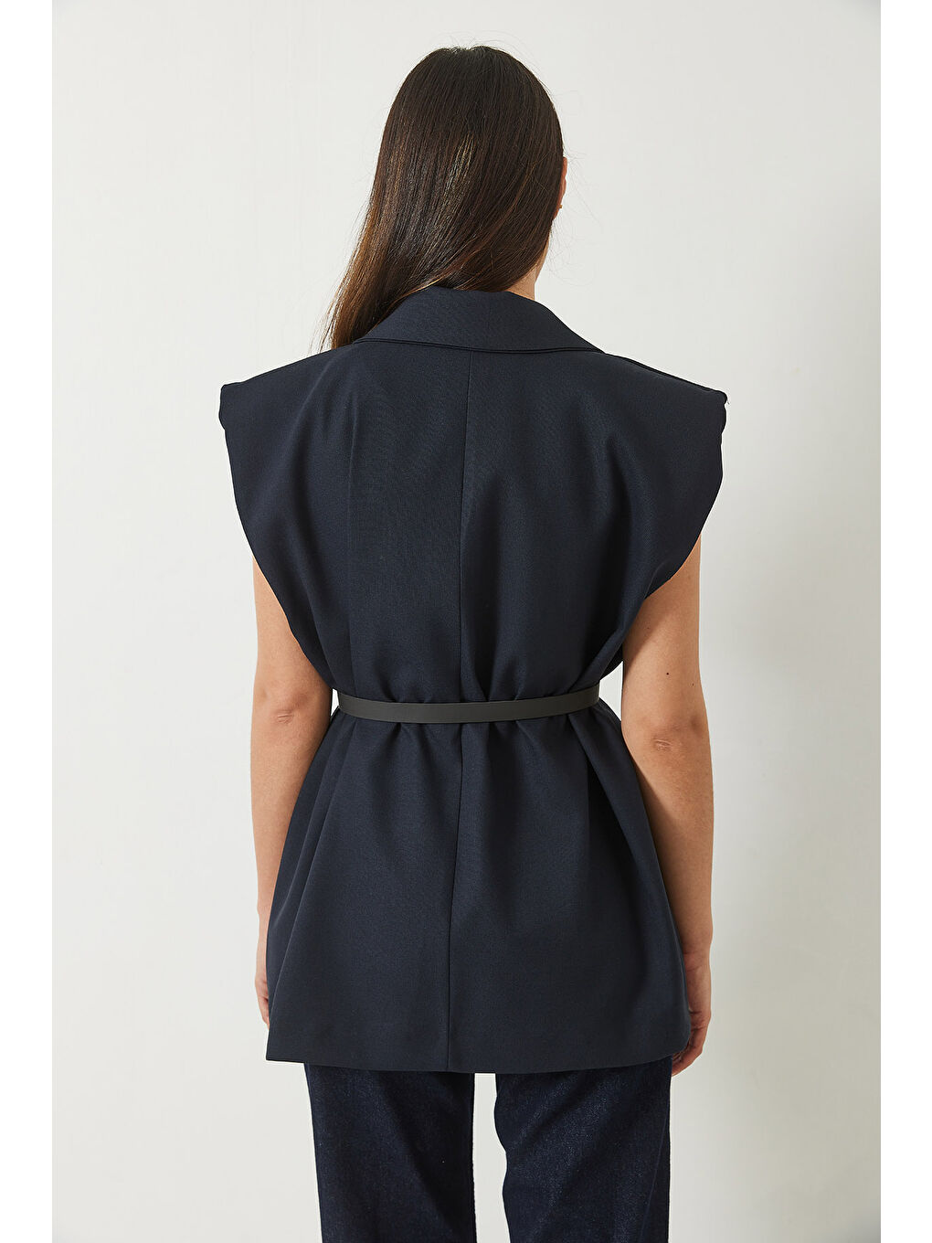 Lacivert Kadın Cep Detaylı Kemerli Vatkalı Oversize Astarlı Blazer Yelek-5