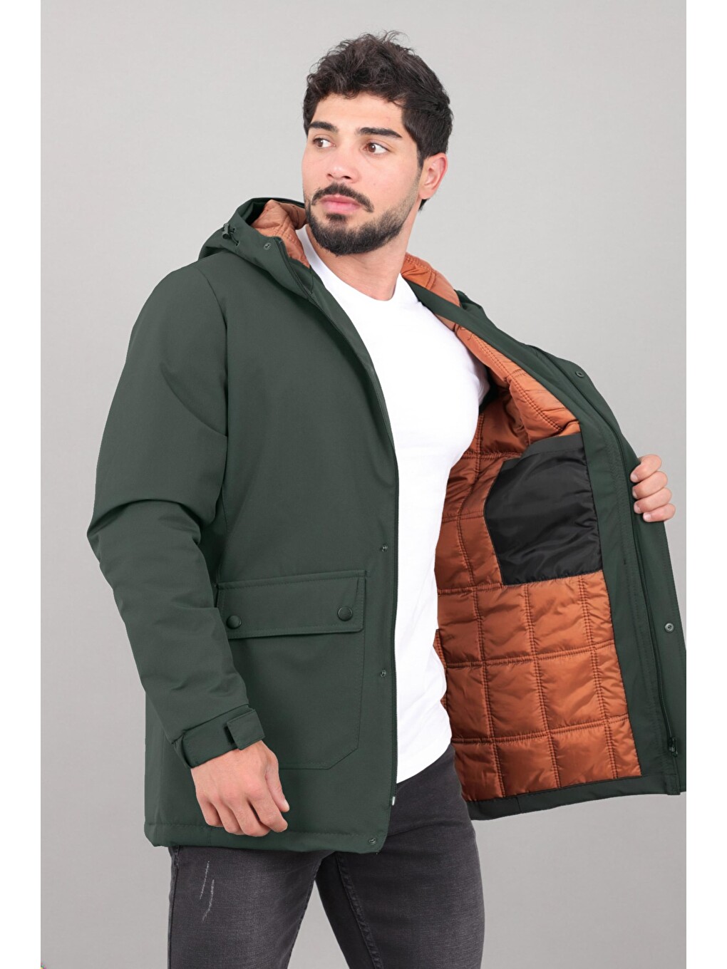 Haki Kapitoneli Torba Cep Sabit Kapüşon Kışlık Mont Pldp 3039_50527-2