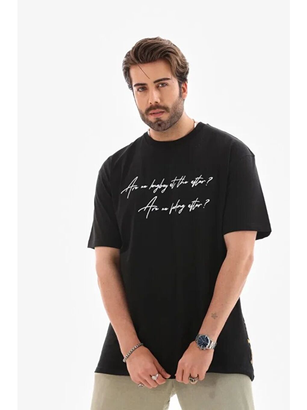 Unisex Bisiklet Yaka Baskılı Oversize T-Shirt - Siyah-1