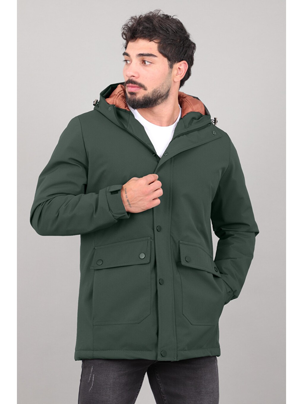 Haki Kapitoneli Torba Cep Sabit Kapüşon Kışlık Mont Pldp 3039_50527-3