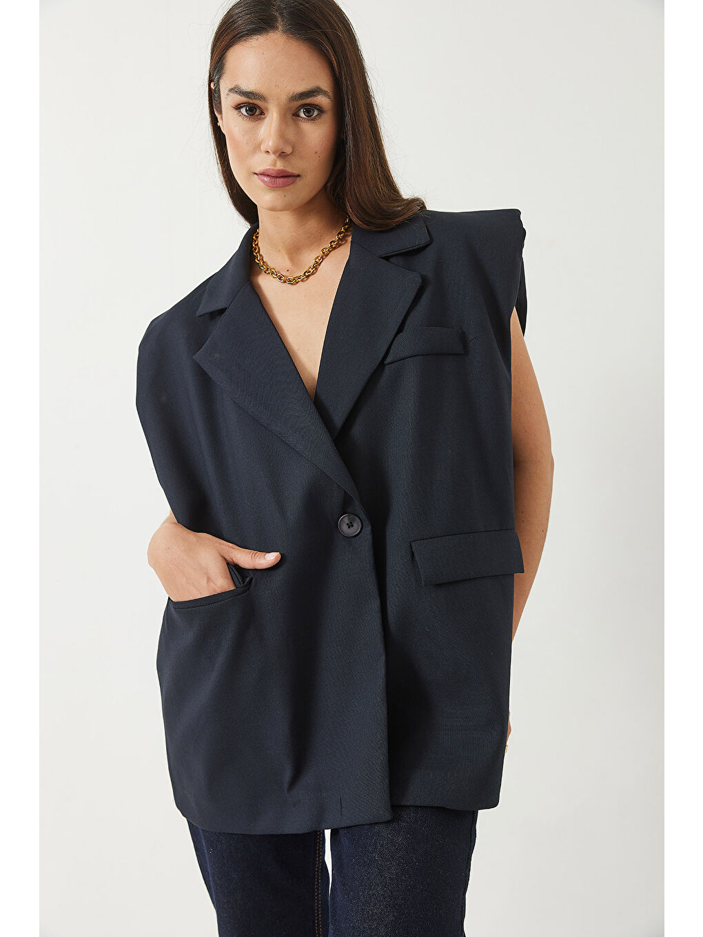 Lacivert Kadın Cep Detaylı Kemerli Vatkalı Oversize Astarlı Blazer Yelek-7