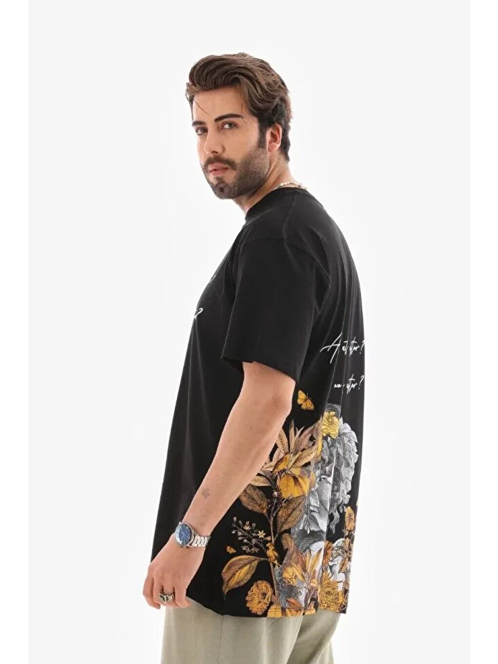 Unisex Bisiklet Yaka Baskılı Oversize T-Shirt - Siyah-2