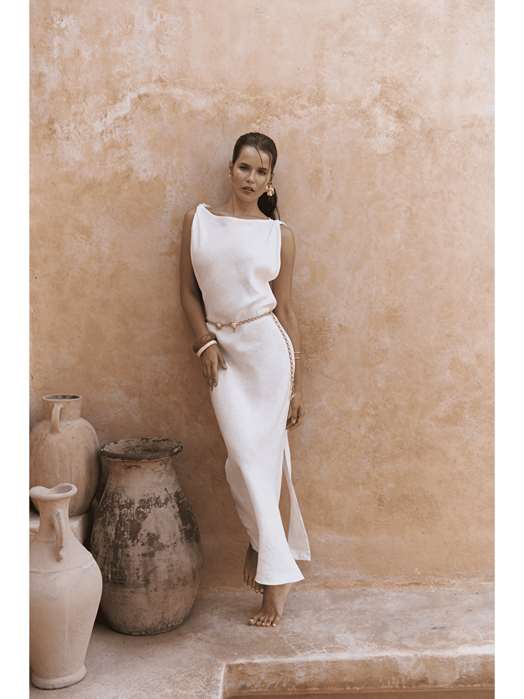 Barabla Kolsuz Uzun Beyaz Keten Elbise-5