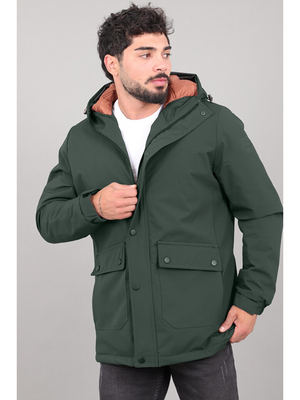 Haki Kapitoneli Torba Cep Sabit Kapüşon Kışlık Mont Pldp 3039_50527-4