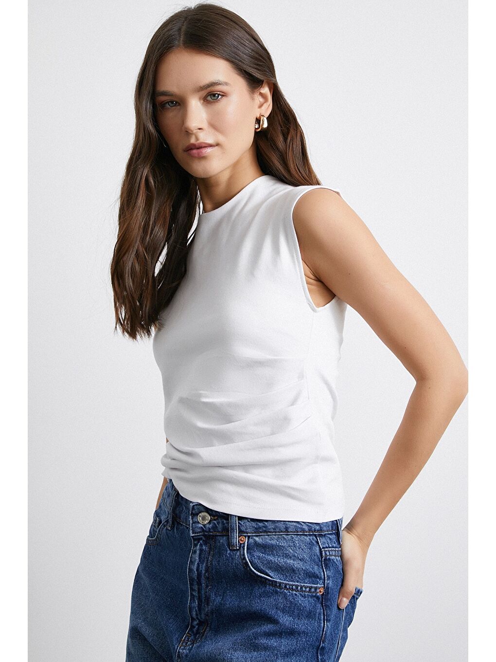 Yanı Büzgülü Tişört Beyaz-3