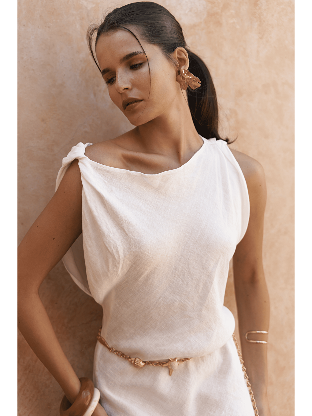 Barabla Kolsuz Uzun Beyaz Keten Elbise-6