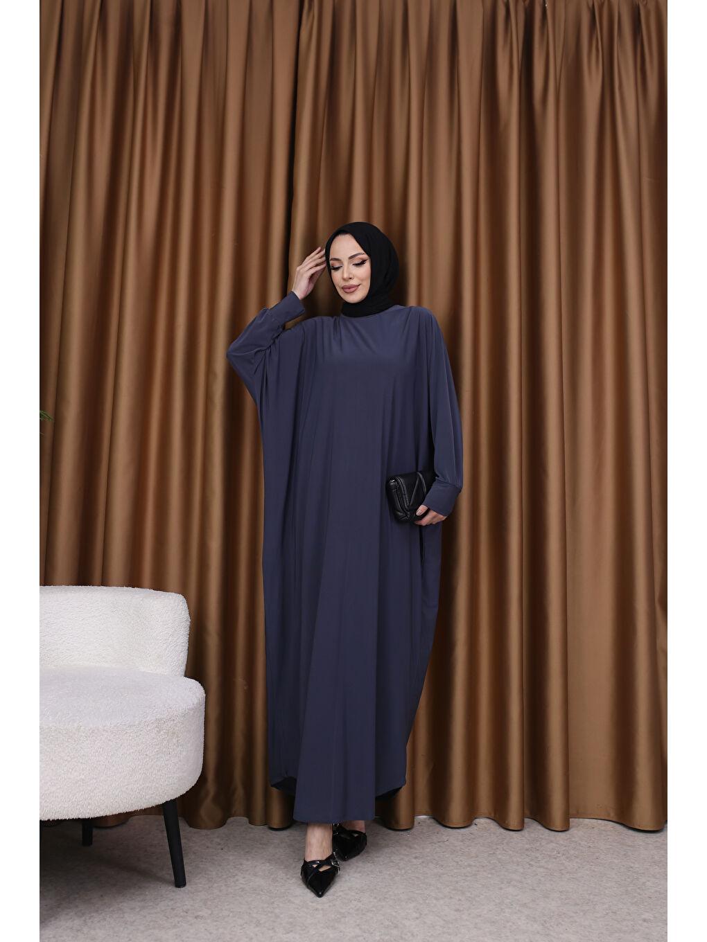 Gri Kadın Trend Basic Uzun Kollu Füme Elbise-2