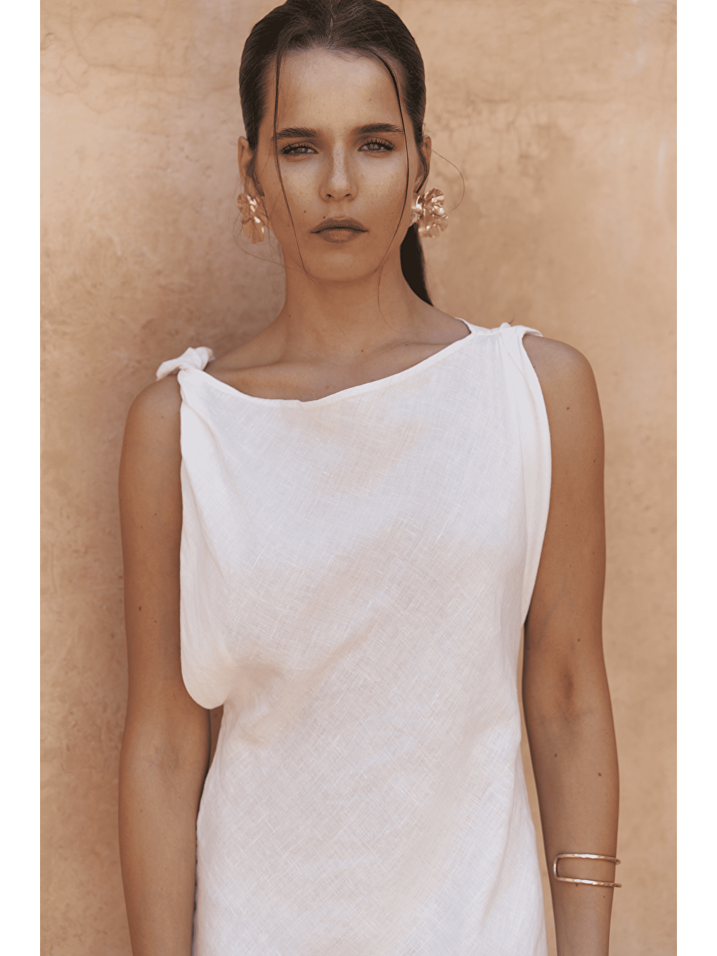 Barabla Kolsuz Uzun Beyaz Keten Elbise-7