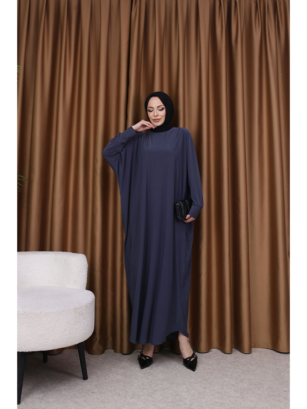 Gri Kadın Trend Basic Uzun Kollu Füme Elbise-3