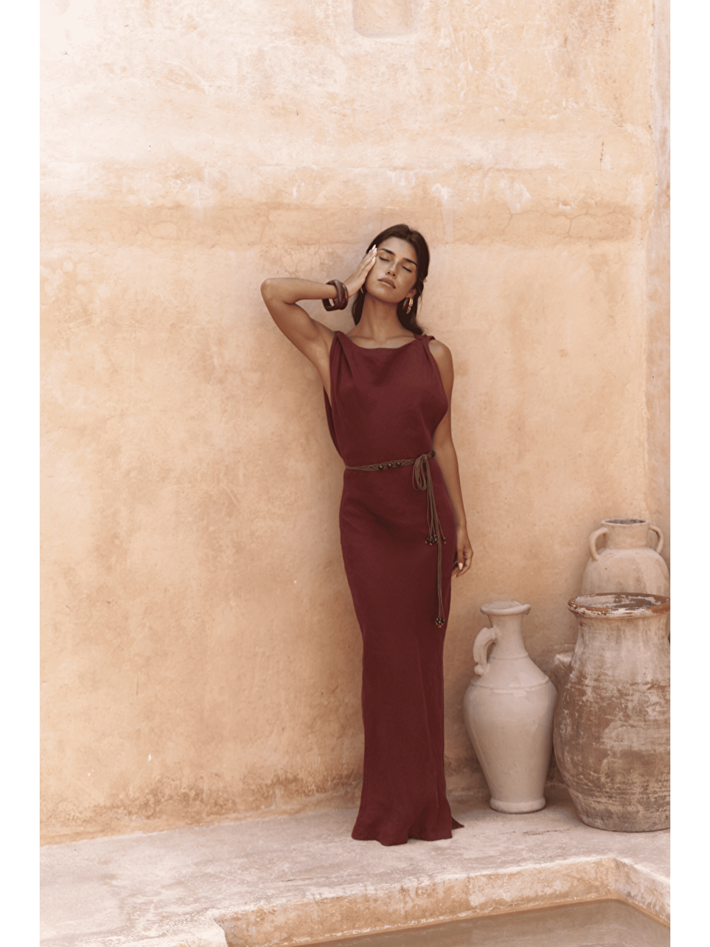 Kahverengi Barabla Kolsuz Uzun Kiremit Keten Elbise-2