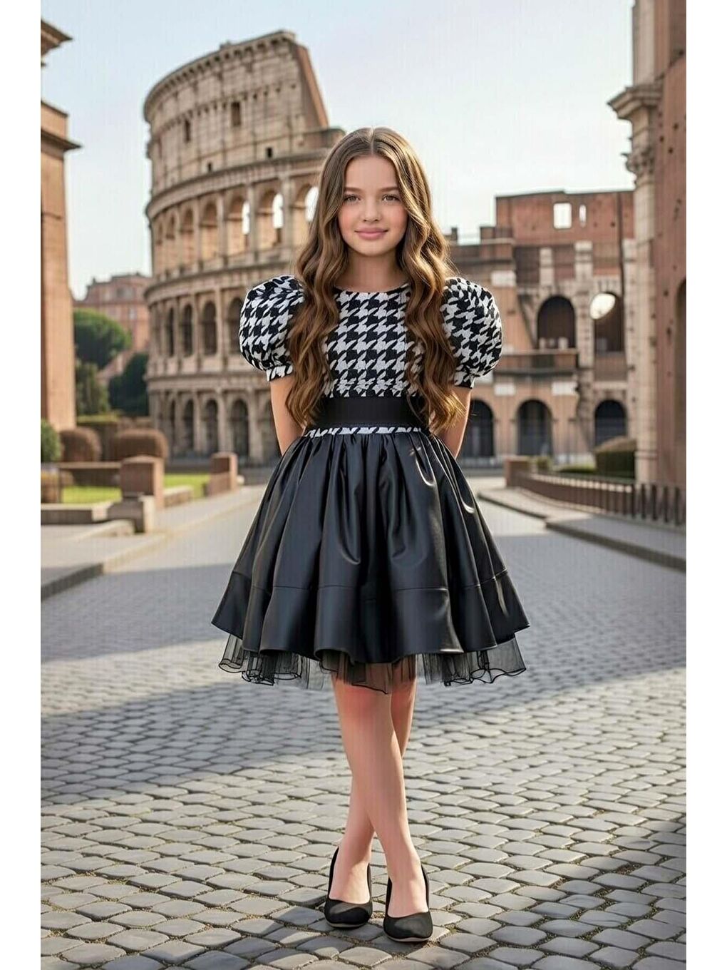 Kız Çocuk Bisiklet Yaka Üzeri Kazayağı Baskılı Beli Kemerli Balon Kollu Deri Etekli Siyah Abiye-2