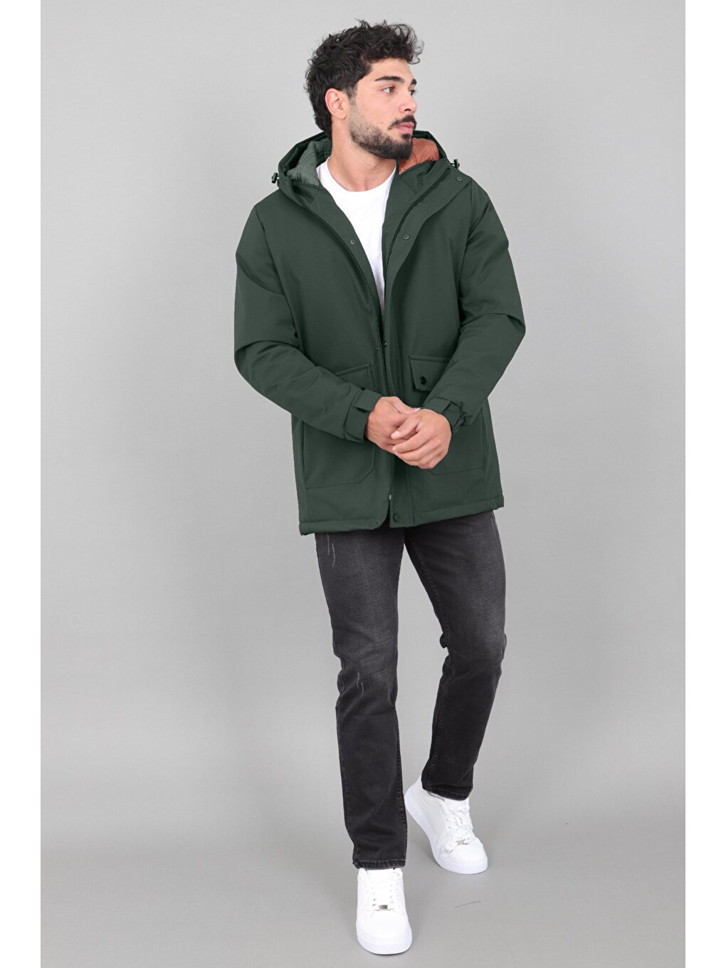 Haki Kapitoneli Torba Cep Sabit Kapüşon Kışlık Mont Pldp 3039_50527-5