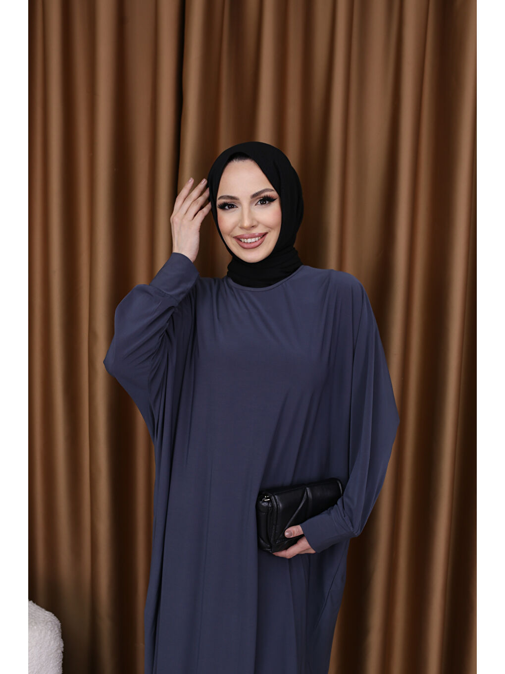 Gri Kadın Trend Basic Uzun Kollu Füme Elbise-4