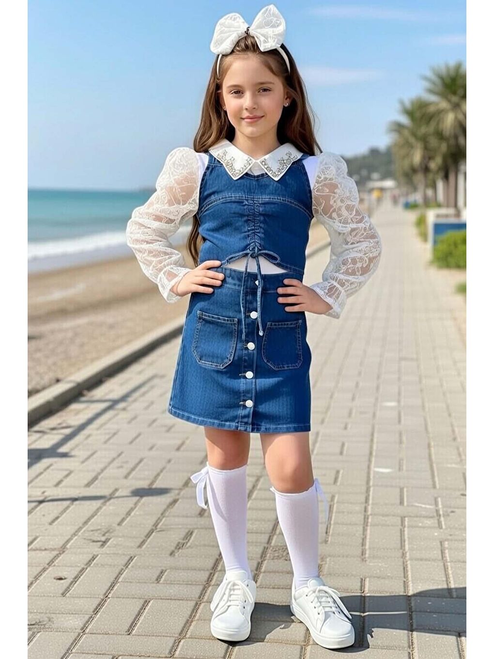 Mavi Kız Çocuk Çıkarılabilir Taş Detaylı Yaka Kolları Dantel ve Şeffaf Tüllü Bluz ve Jean Etekli Takım-1