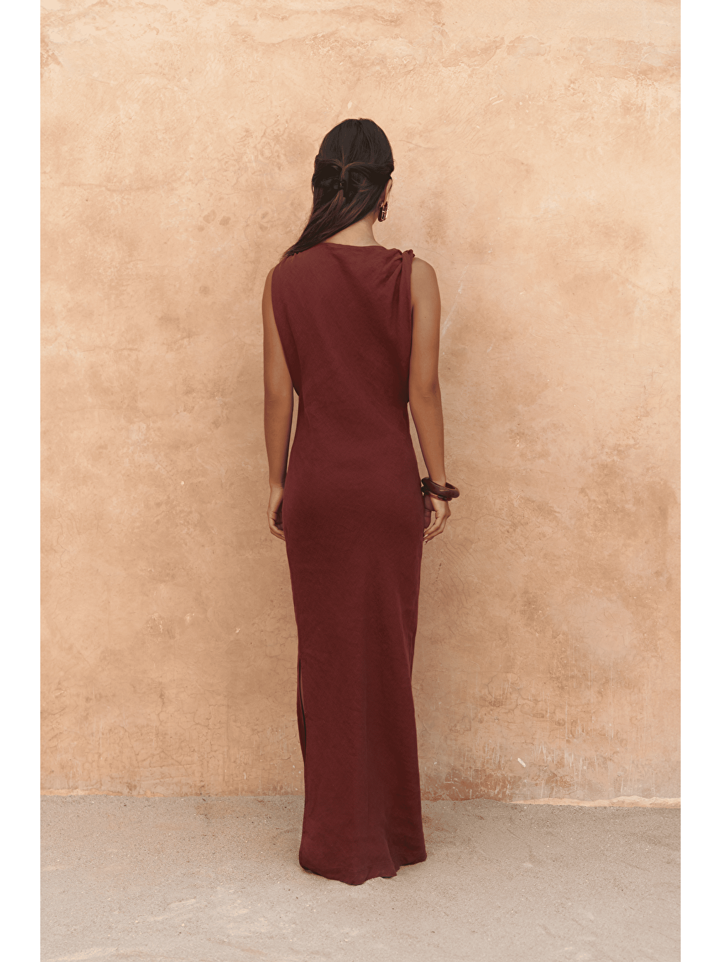 Kahverengi Barabla Kolsuz Uzun Kiremit Keten Elbise-4