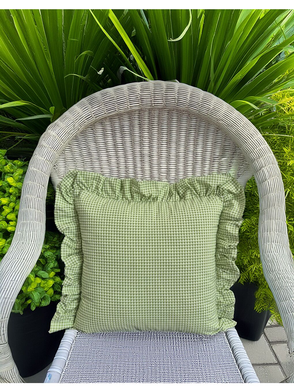 Melma Potikareli Fırfırlı%100 Pamuk  Kırlent Kılıfı - Yeşil 45x45 cm