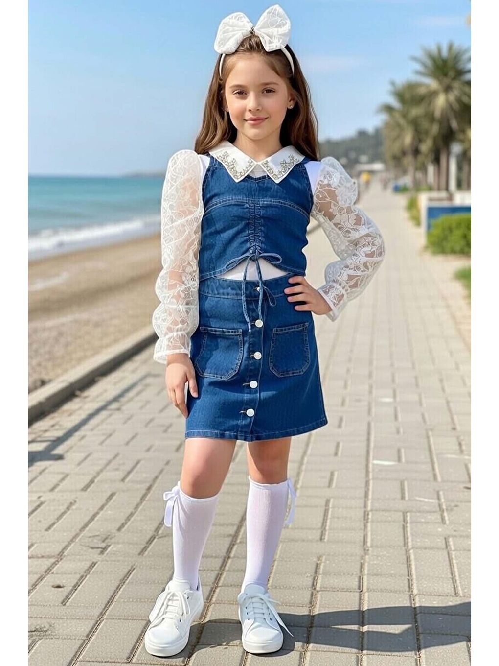 Mavi Kız Çocuk Çıkarılabilir Taş Detaylı Yaka Kolları Dantel ve Şeffaf Tüllü Bluz ve Jean Etekli Takım-2