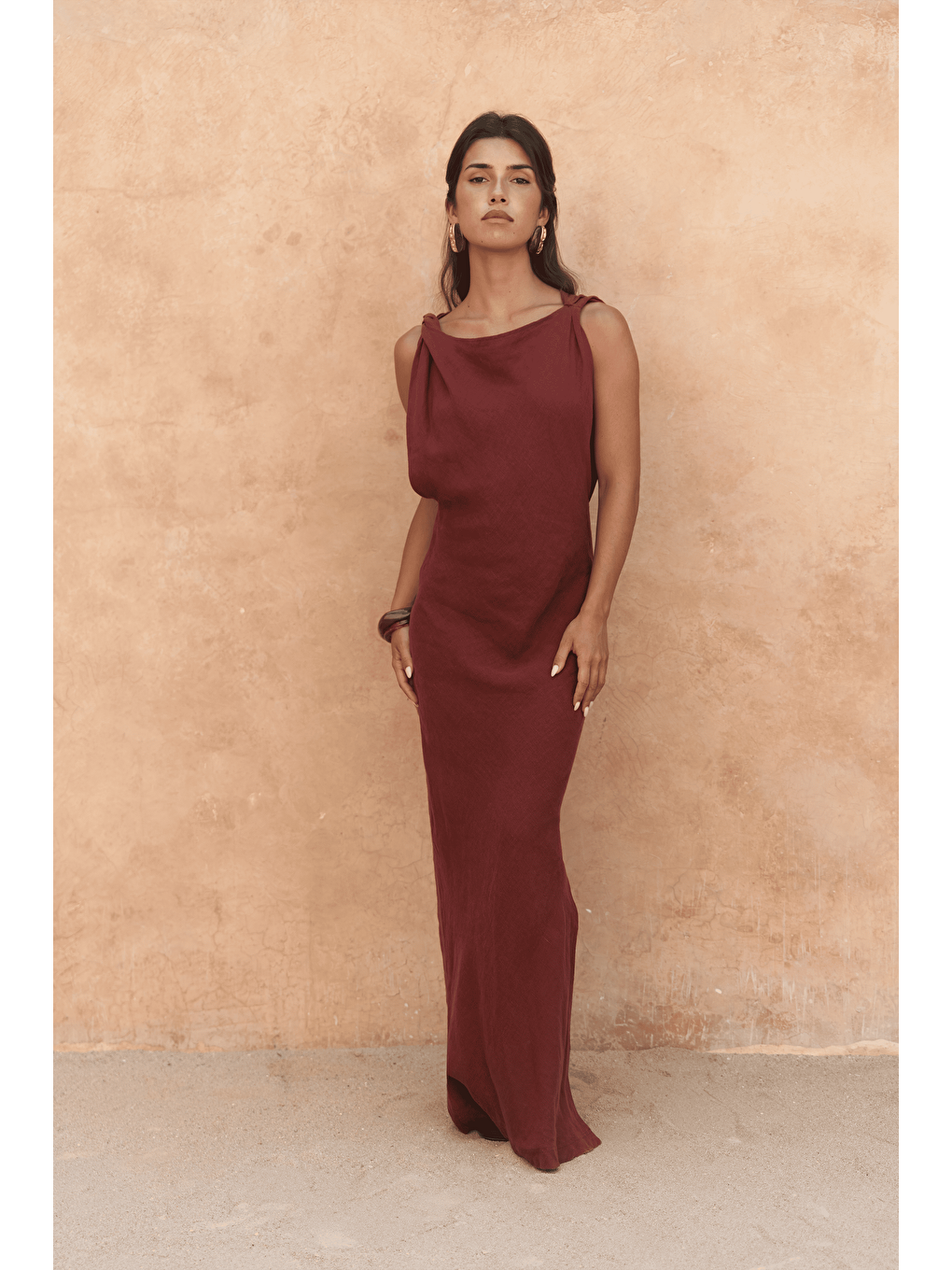 Kahverengi Barabla Kolsuz Uzun Kiremit Keten Elbise-5