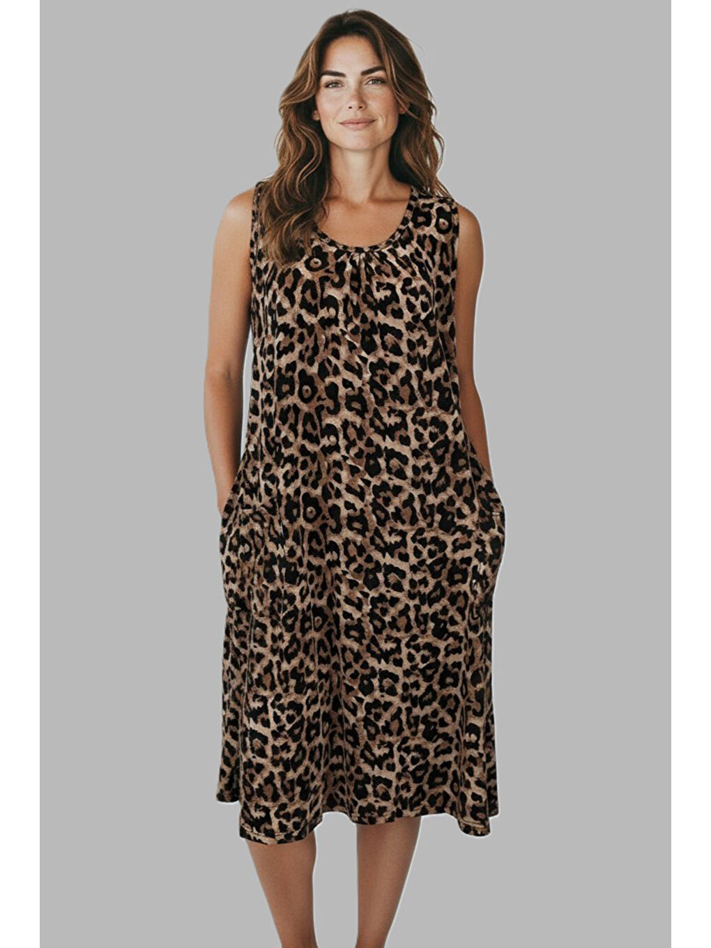 Kahverengi Kadın Sıfır Kol Viskon Elbise Pijama 25235-7 Leopar2