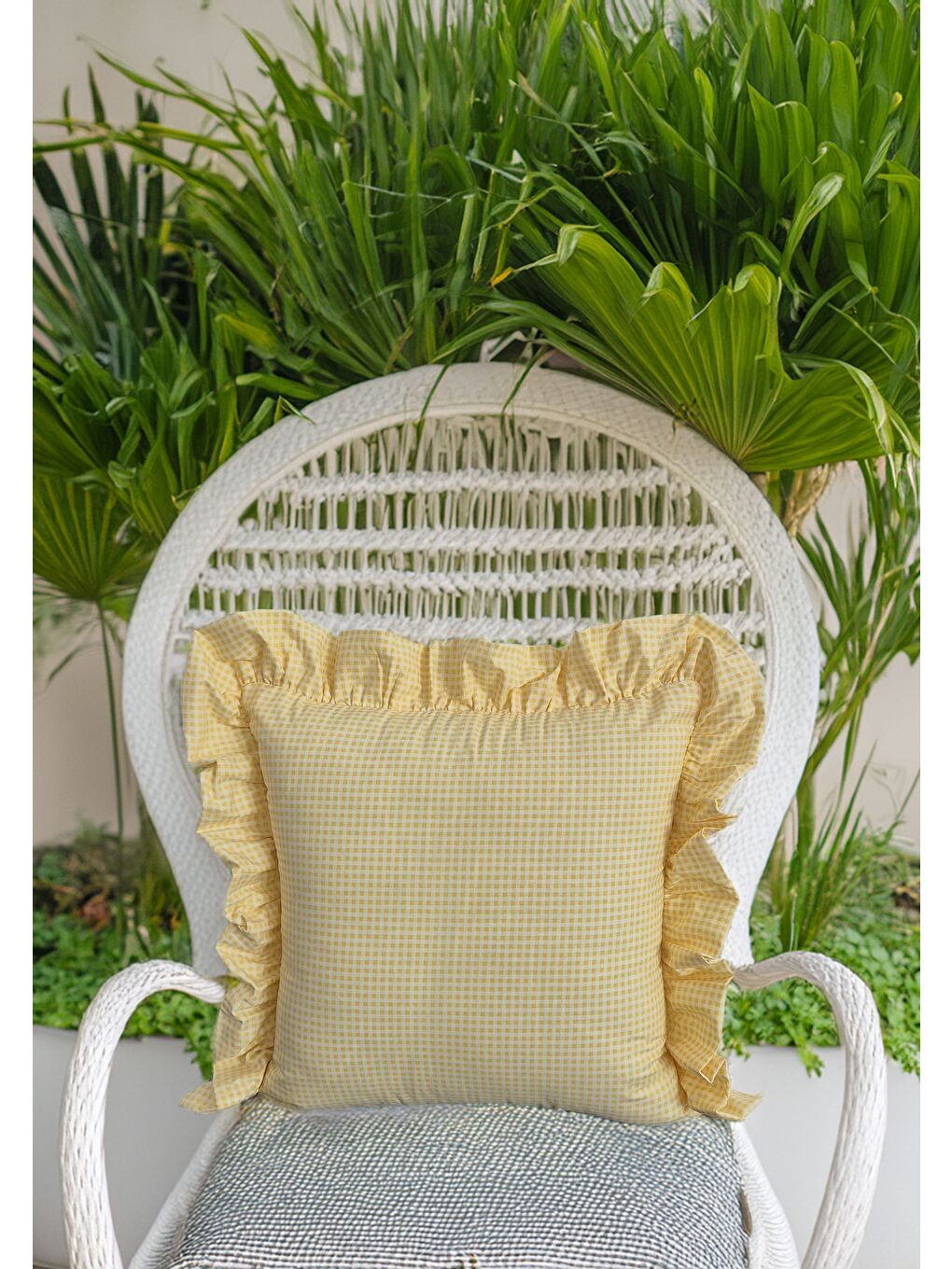 Melma Porikareli Fırfırlı %100 Pamuk Kırlent Kılıfı - Sarı 45x45 cm