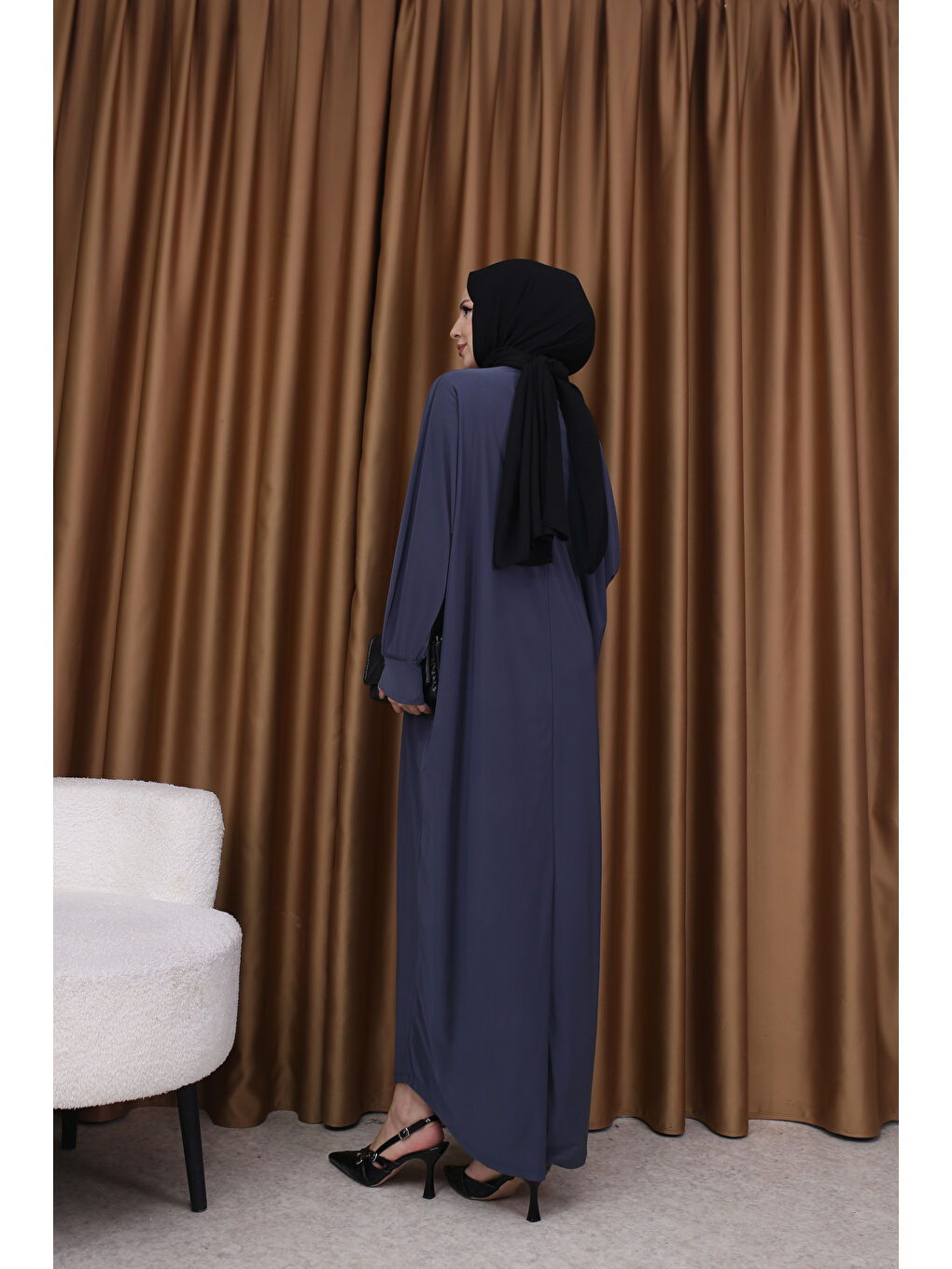 Gri Kadın Trend Basic Uzun Kollu Füme Elbise-5