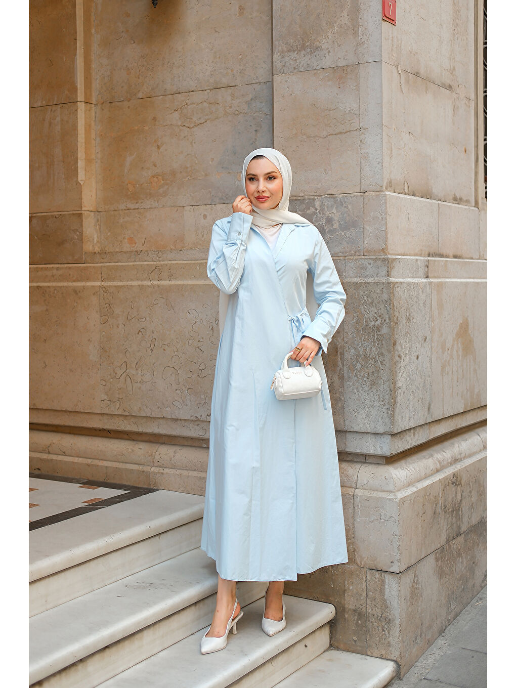 Kadın Poplin Yan Bağlamalı Elbise Açık Mavi-2