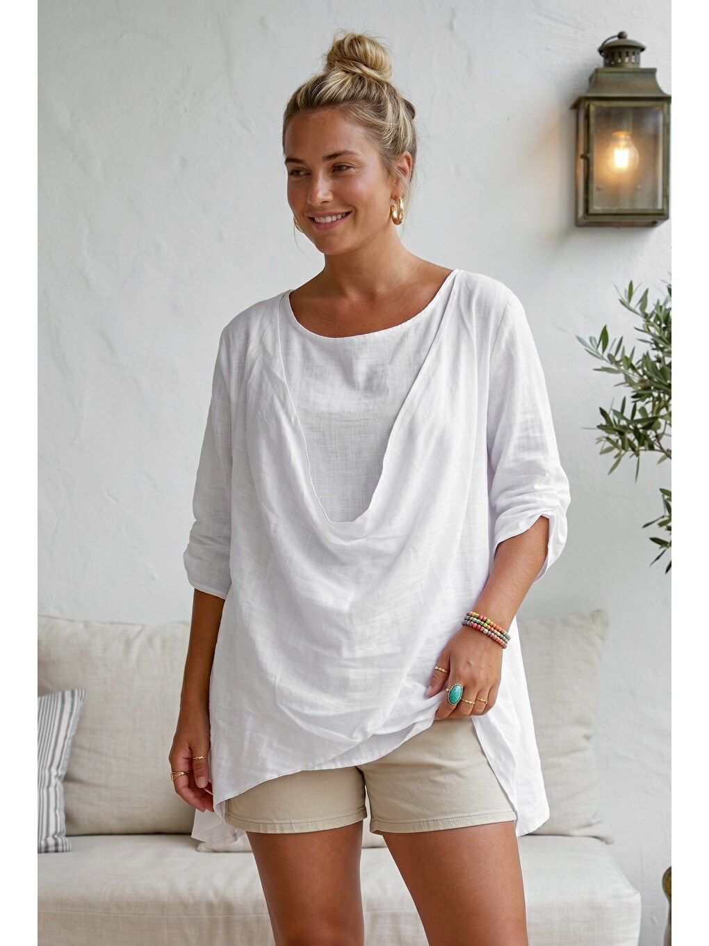 Beyaz Yuvarlak Yaka 3/4 Kol İkili Set Casual Pamuklu Salaş Dokuma Bluz 80 63-1
