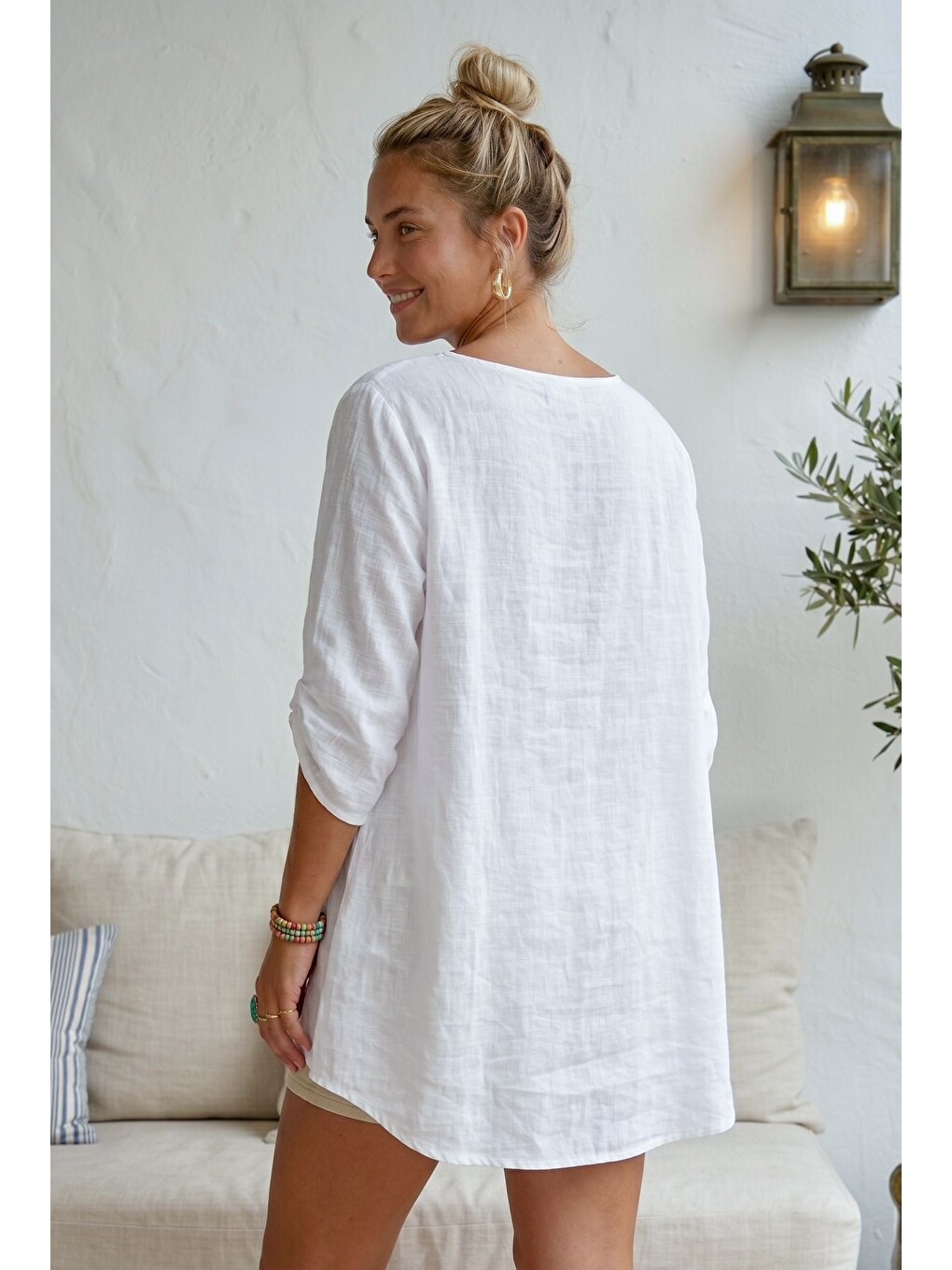Beyaz Yuvarlak Yaka 3/4 Kol İkili Set Casual Pamuklu Salaş Dokuma Bluz 80 63-2