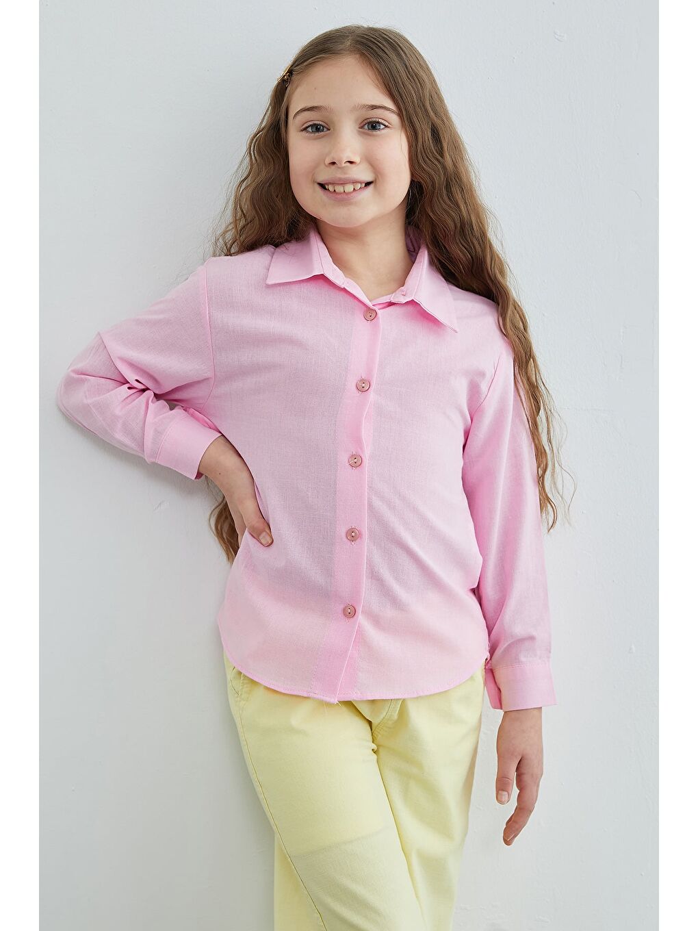 Pembe %100 Pamuk Flamlı Kız Çocuk Gömlek