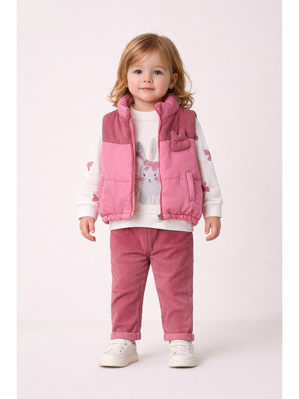 Pembe Kız Bebek 3’lü Takım 9-24 Ay Şişme Yelek %100 Pamuk Sweatshirt Kadife Pantolon