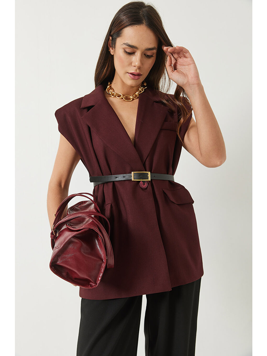 Bordo Kadın Cep Detaylı Kemerli Vatkalı Oversize Astarlı Blazer Yelek-1