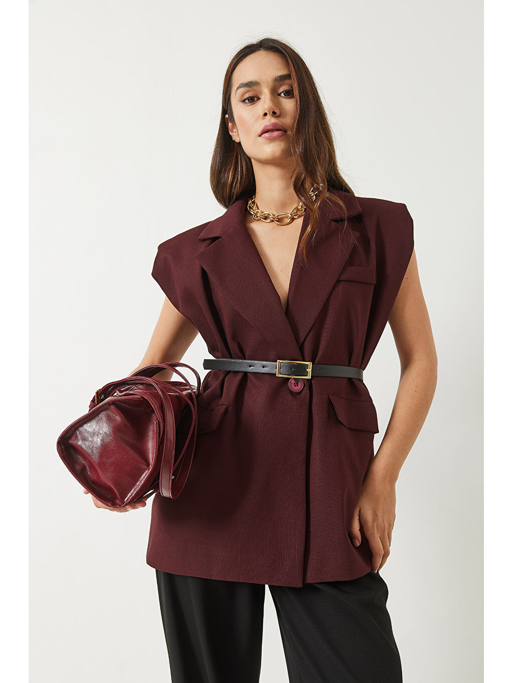 Bordo Kadın Cep Detaylı Kemerli Vatkalı Oversize Astarlı Blazer Yelek-2